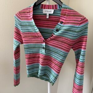 NEW🍉Derek Lam 10 Crosby Milana Crop Henley Sweater Ribbed Knit Space Dye